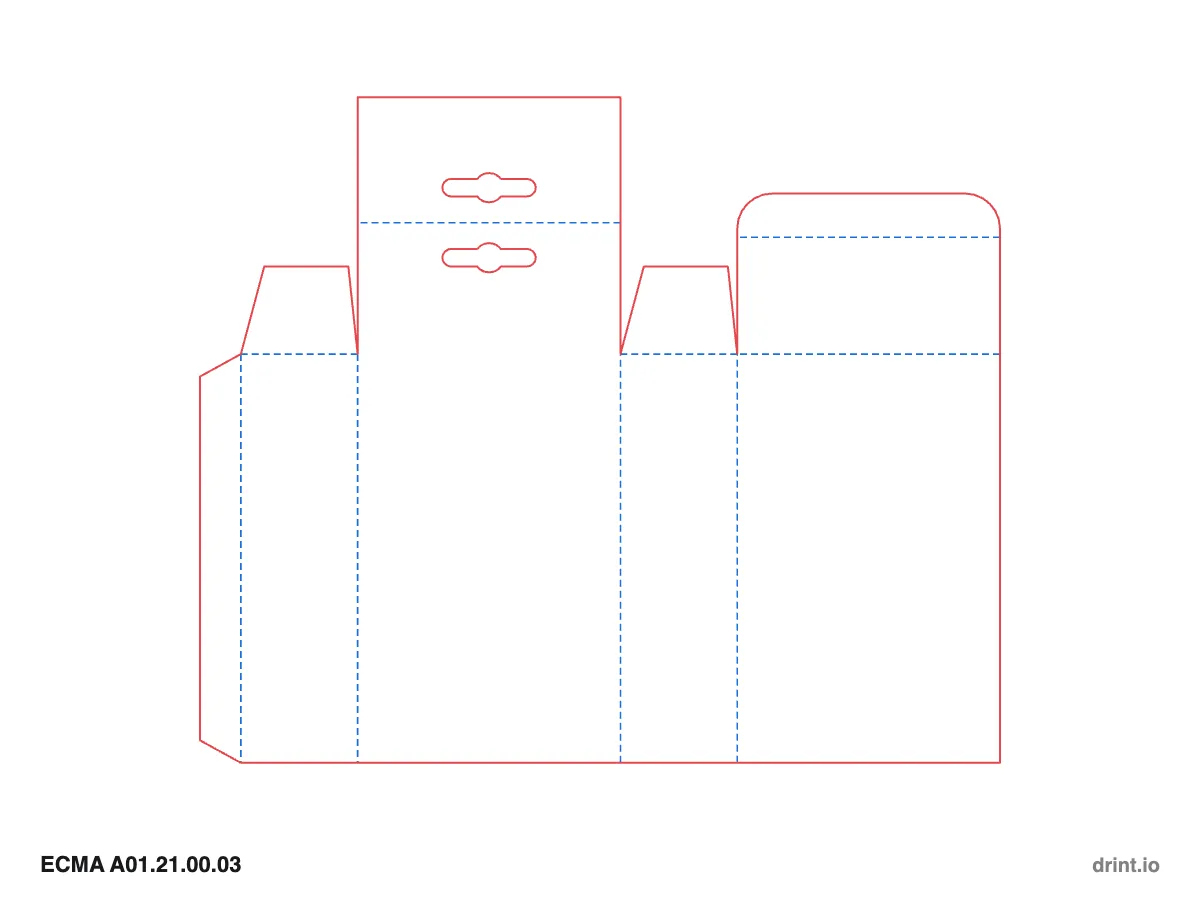 ECMA A01.21.00.03 — Tuck with hang tab top · open bottom · top on front panel — Dielines 90 × 40 × 140 mm