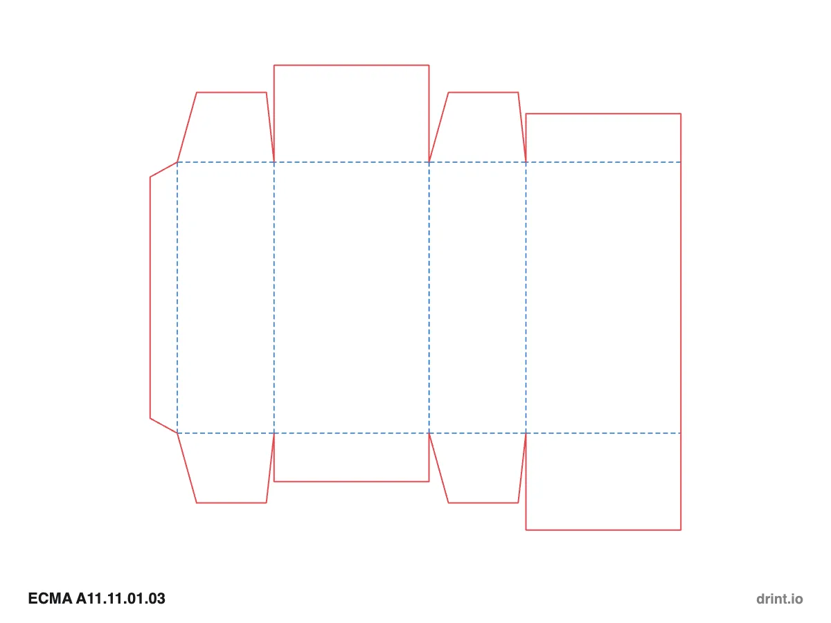ECMA A11.11.01.03 — Glued reduced-flap top · glued reduced-flap bottom · opposite sides — Dielines 80 × 50 × 140 mm