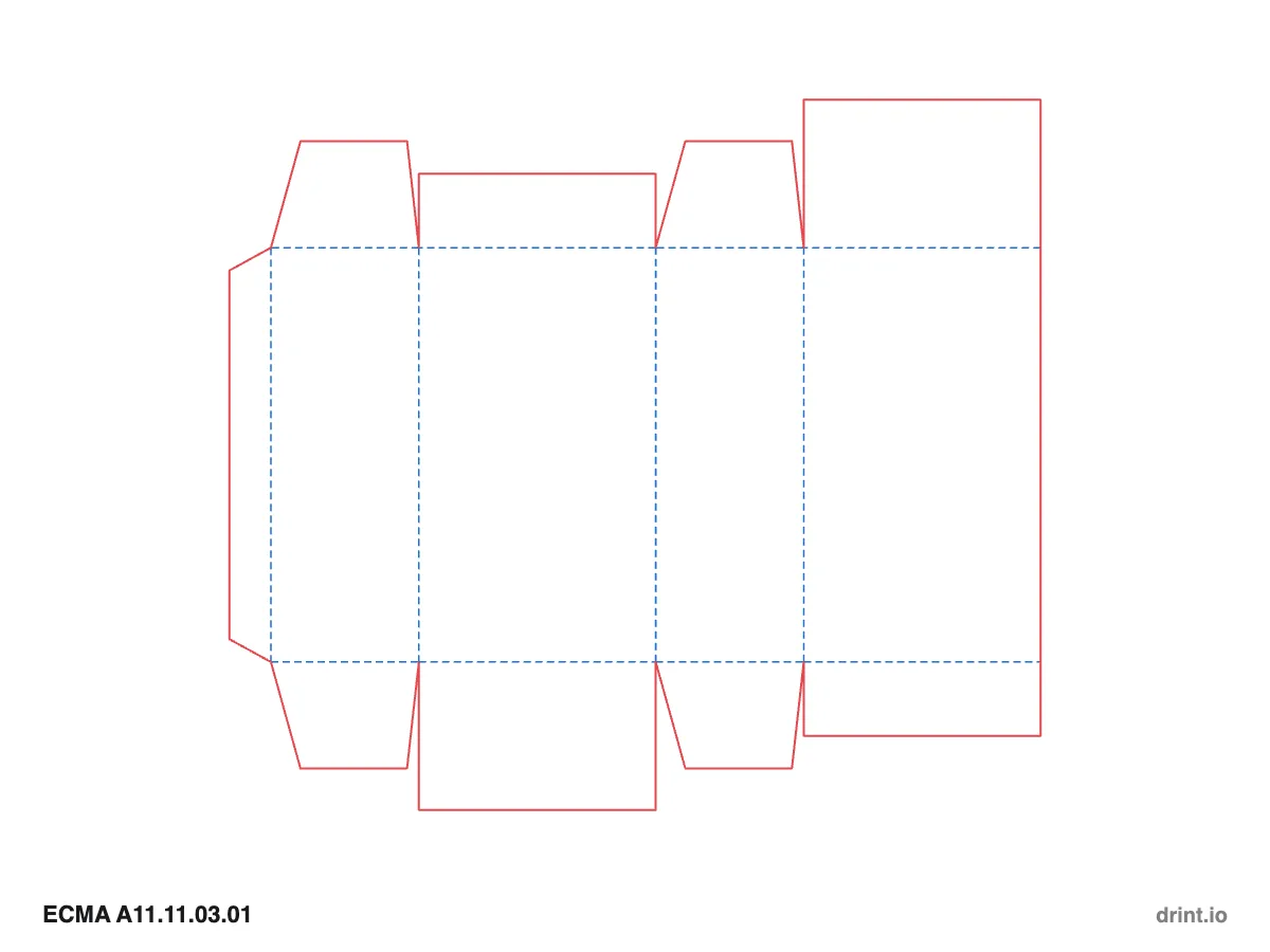 ECMA A11.11.03.01 — Glued reduced-flap top · glued reduced-flap bottom · opposite sides — Dielines 80 × 50 × 140 mm