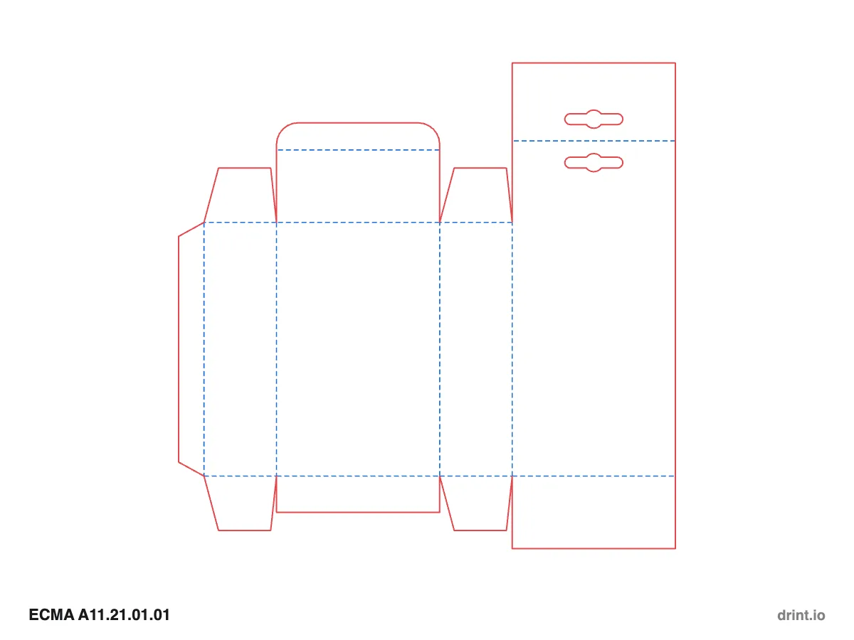 ECMA A11.21.01.01 — Tuck with hang tab top · glued reduced-flap bottom · same side — Dielines 90 × 40 × 140 mm