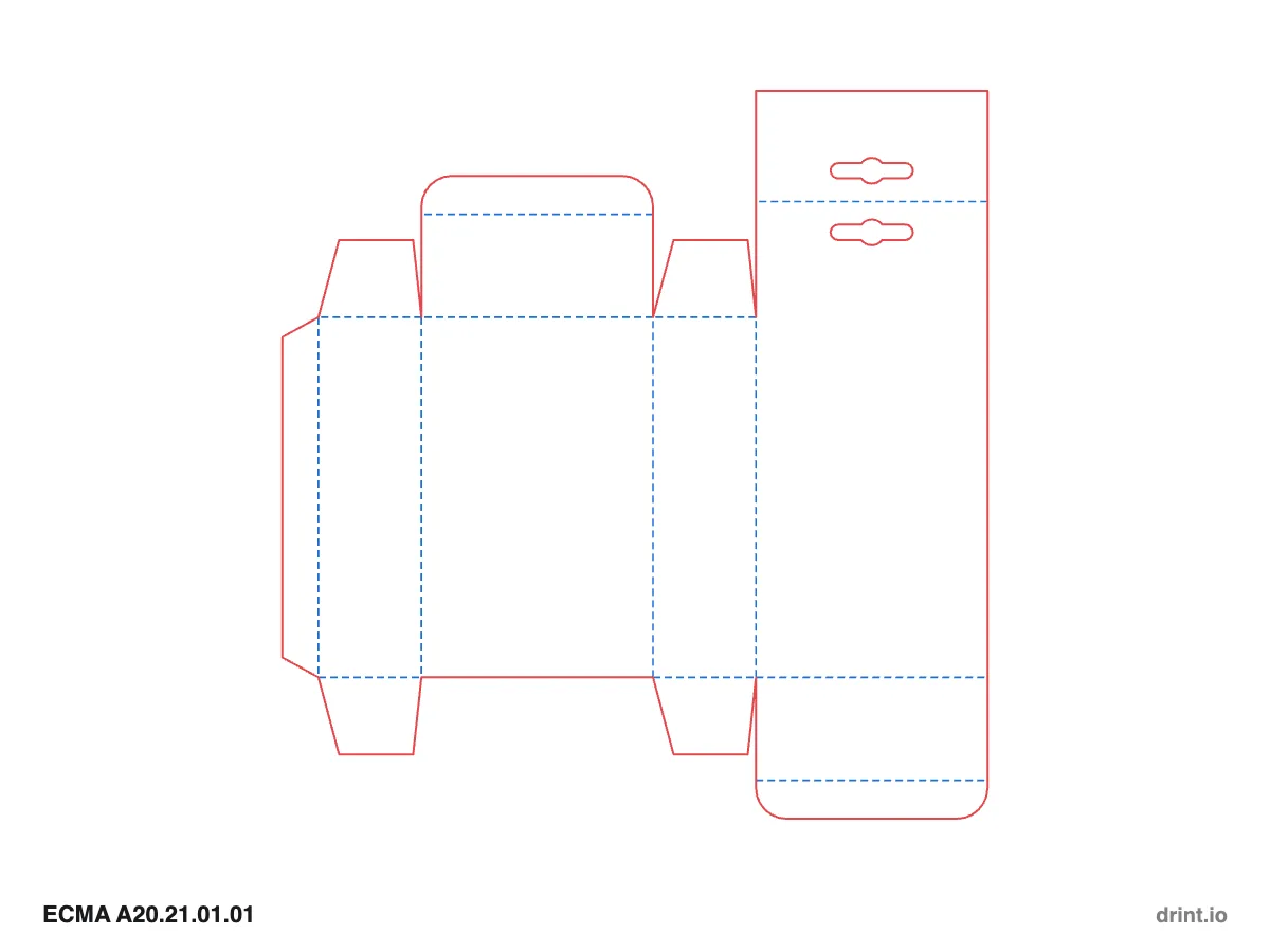 ECMA A20.21.01.01 — Tuck with hang tab top · tuck bottom · same side — Dielines 90 × 40 × 140 mm