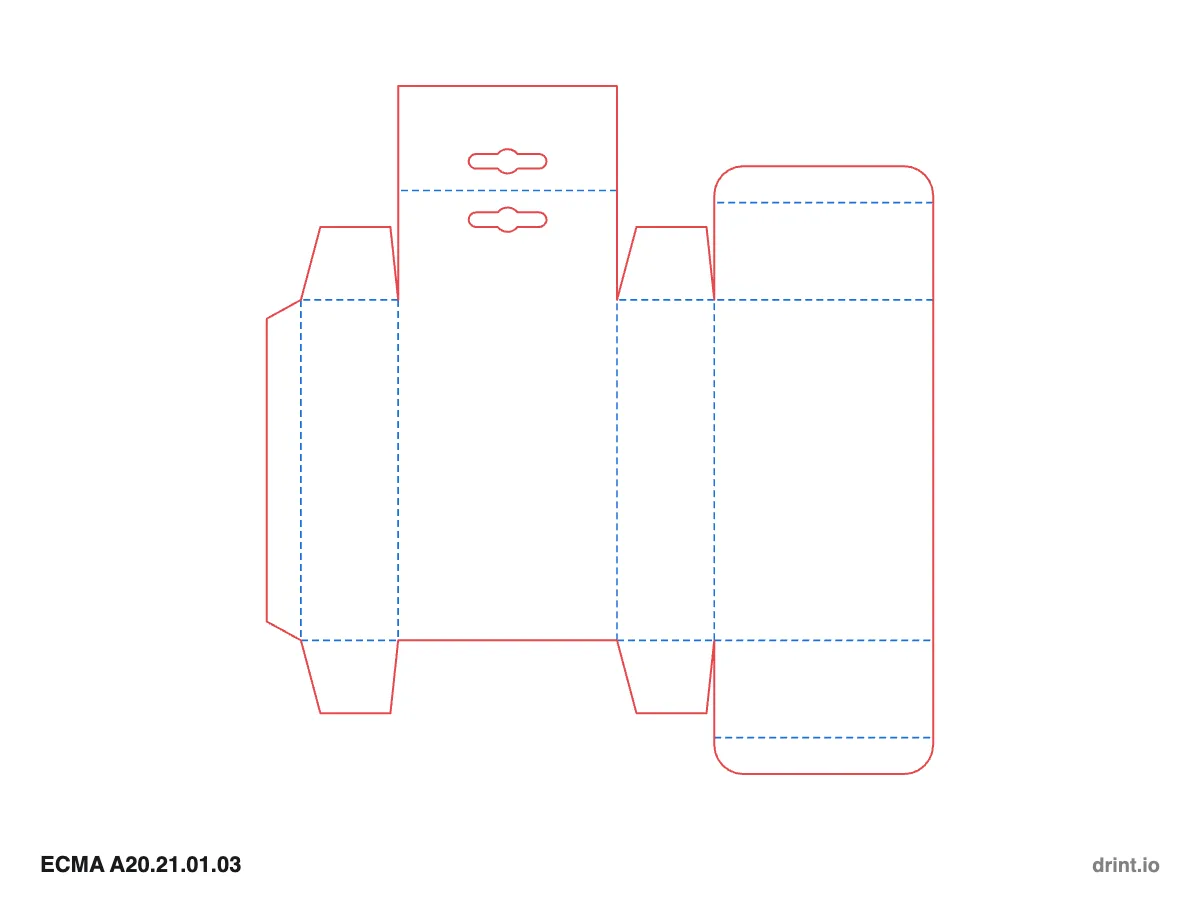 ECMA A20.21.01.03 — Tuck with hang tab top · tuck bottom · opposite sides — Dielines 90 × 40 × 140 mm