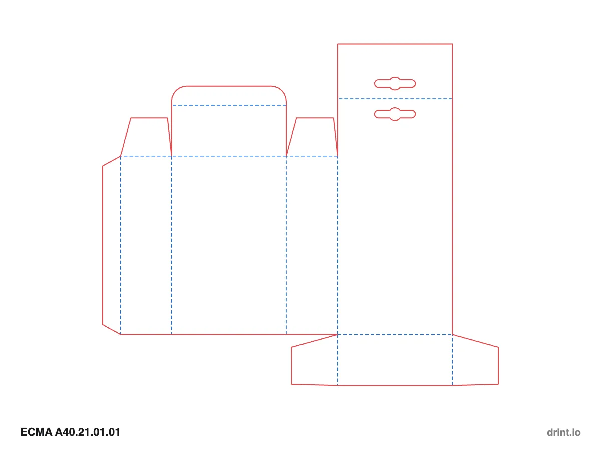 ECMA A40.21.01.01 — Tuck with hang tab top · winged tuck bottom · same side — Dielines 90 × 40 × 140 mm