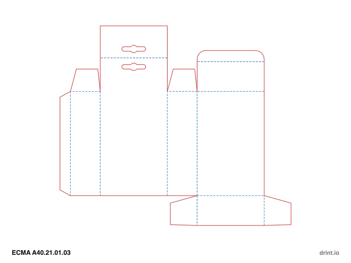 ECMA A40.21.01.03 — Tuck with hang tab top · winged tuck bottom · opposite sides — Dielines 90 × 40 × 140 mm