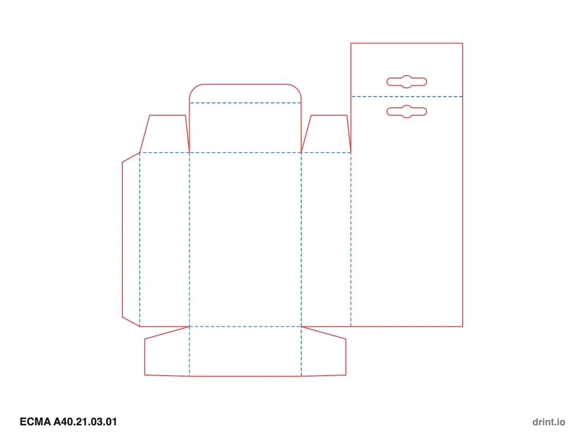 ECMA A40.21.03.01 — Tuck with hang tab top · winged tuck bottom · opposite sides — Dielines 90 × 40 × 140 mm