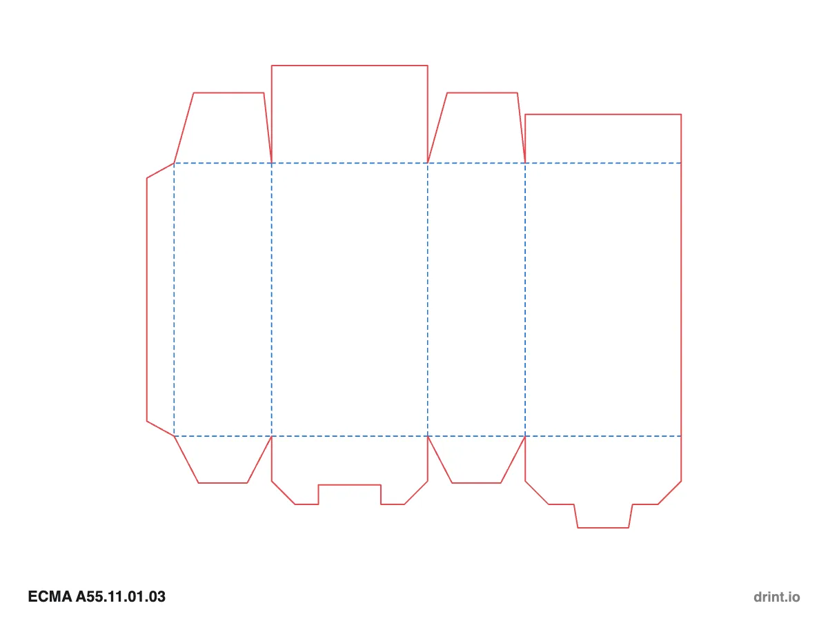 ECMA A55.11.01.03 — Glued reduced-flap top · snap lock (1-2-3) bottom · opposite sides — Dielines 80 × 50 × 140 mm