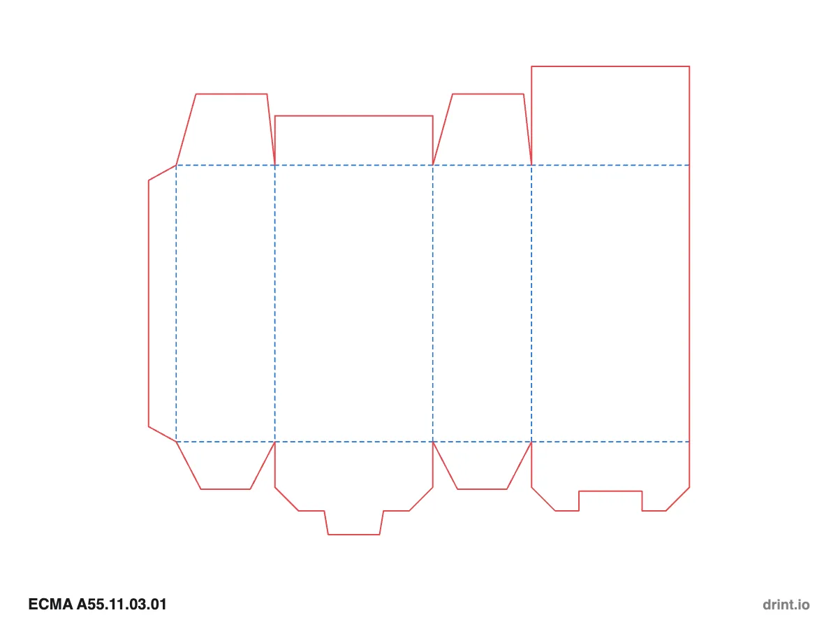 ECMA A55.11.03.01 — Glued reduced-flap top · snap lock (1-2-3) bottom · opposite sides — Dielines 80 × 50 × 140 mm