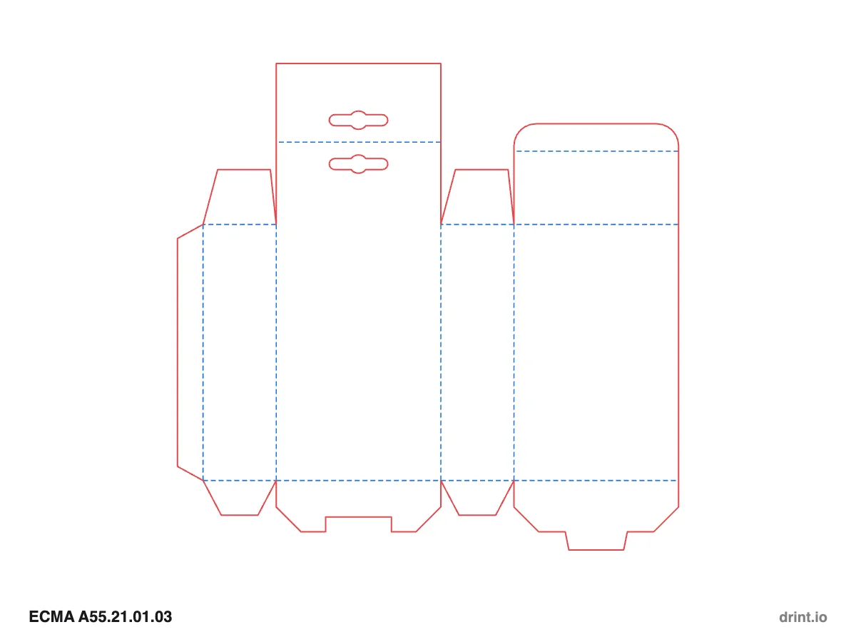 ECMA A55.21.01.03 — Tuck with hang tab top · snap lock (1-2-3) bottom · opposite sides — Dielines 90 × 40 × 140 mm
