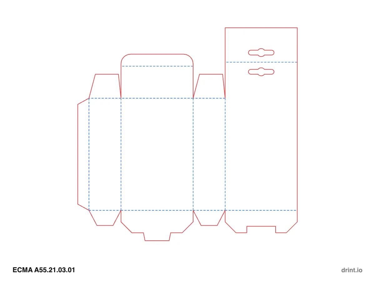 ECMA A55.21.03.01 — Tuck with hang tab top · snap lock (1-2-3) bottom · opposite sides — Dielines 90 × 40 × 140 mm
