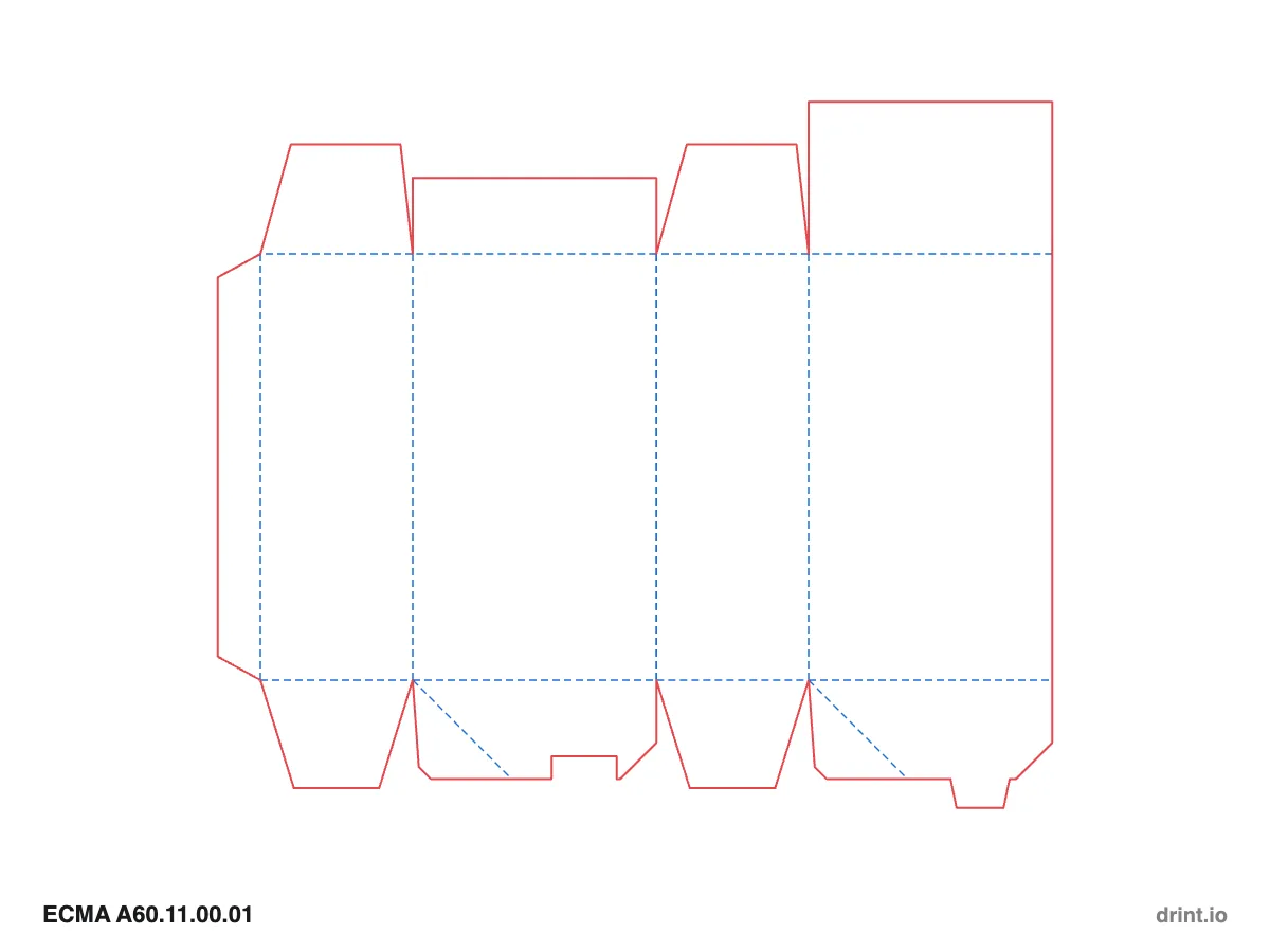 ECMA A60.11.00.01 — Glued reduced-flap top · crash lock (auto) bottom · top on back panel — Dielines 80 × 50 × 140 mm