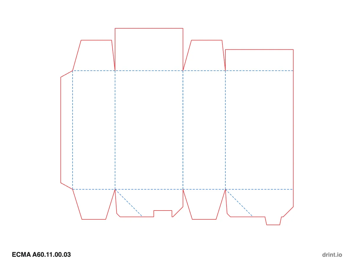 ECMA A60.11.00.03 — Glued reduced-flap top · crash lock (auto) bottom · top on front panel — Dielines 80 × 50 × 140 mm