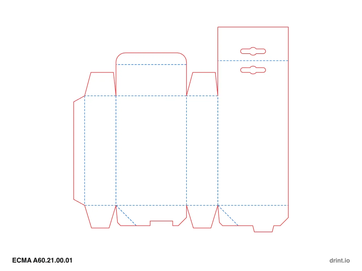 ECMA A60.21.00.01 — Tuck with hang tab top · crash lock (auto) bottom · top on back panel — Dielines 90 × 40 × 140 mm