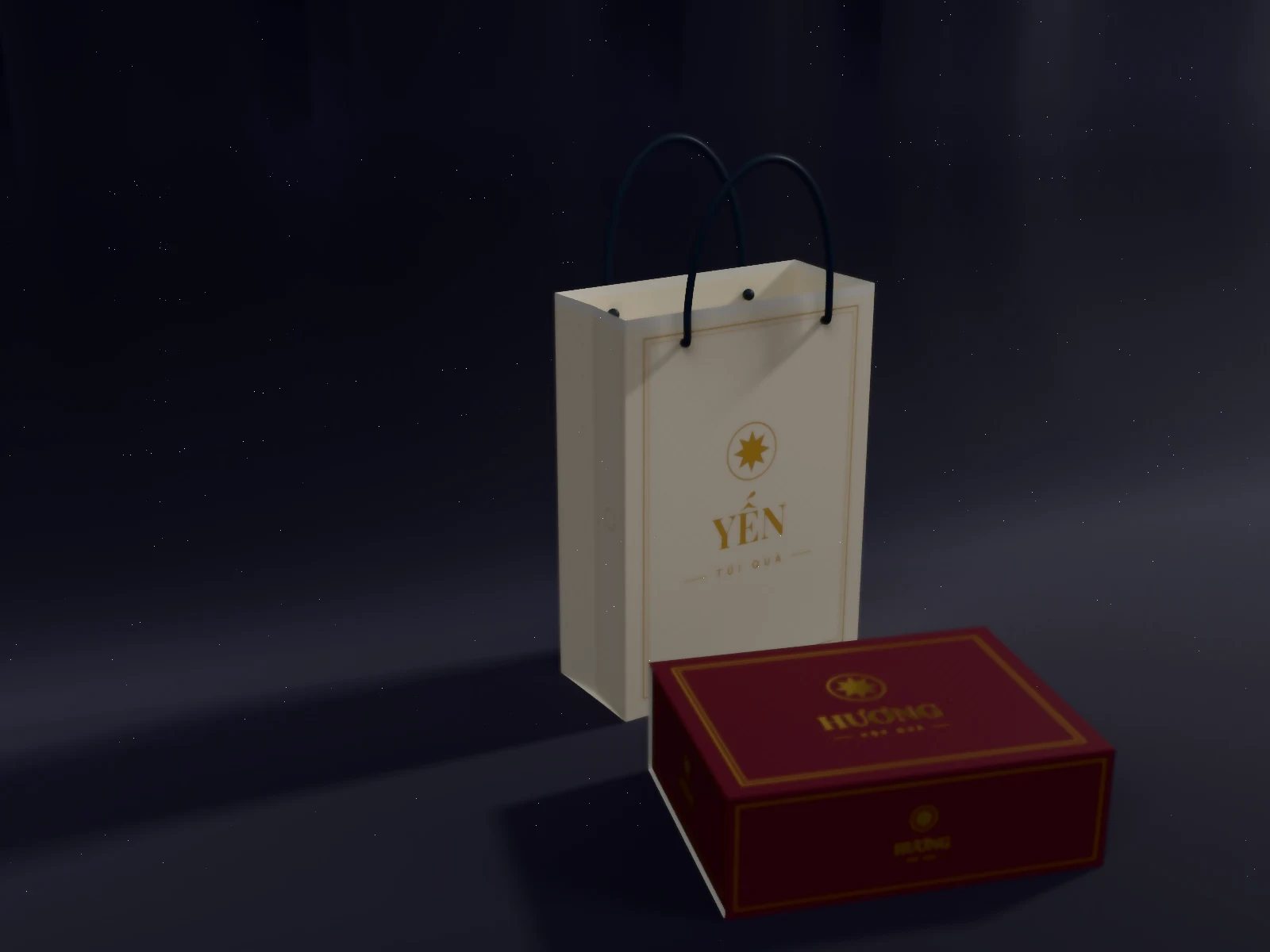 Túi giấy và hộp nam châm trên nền nhung đen, dựng 3D